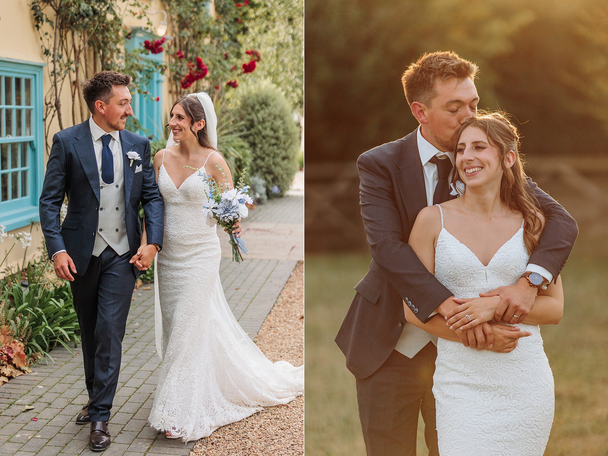 A bride in a white dress and a groom in a dark suit are shown in two photos: walking hand in hand outdoors and standing close together with the groom embracing the bride from behind.